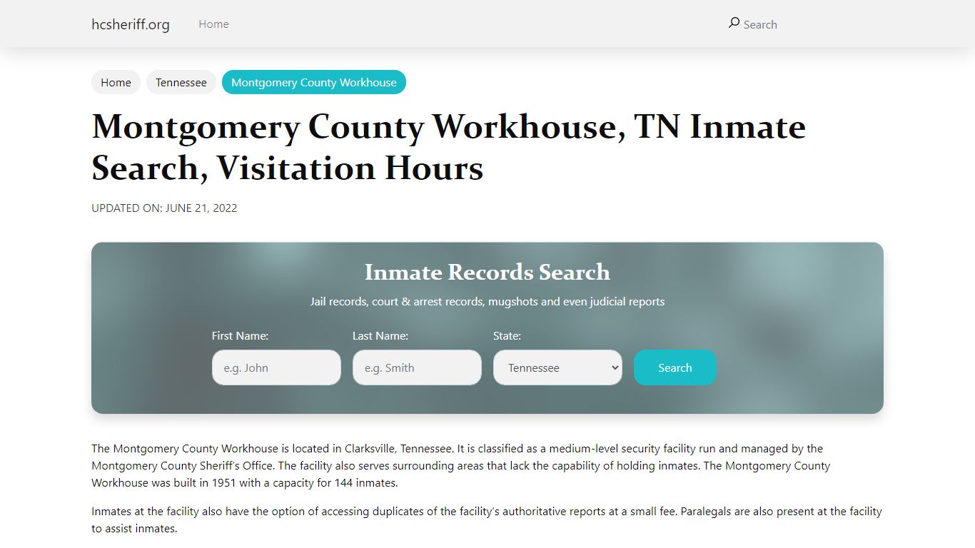 Montgomery County Workhouse, TN Inmate Search, Visitation ...